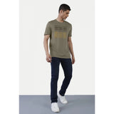 Olive cotton half sleeve printed men's casual crew neck t-shirt with typographic design