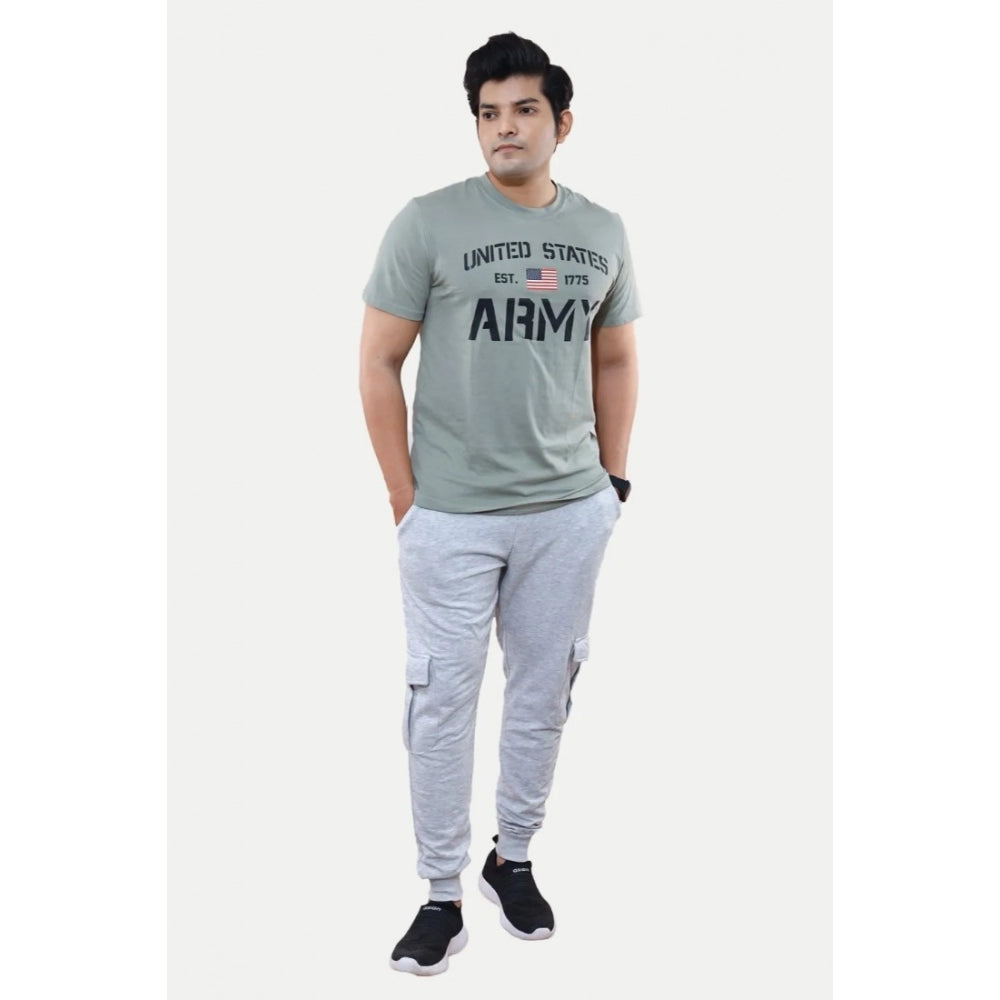 Grey cotton men's casual half sleeve printed typographic crew neck t-shirt with relaxed fit