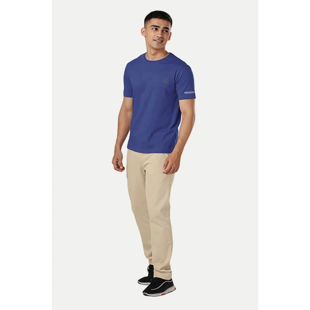 Blue solid polyester men's casual half sleeve crew neck T-shirt with regular fit, suitable for everyday wear