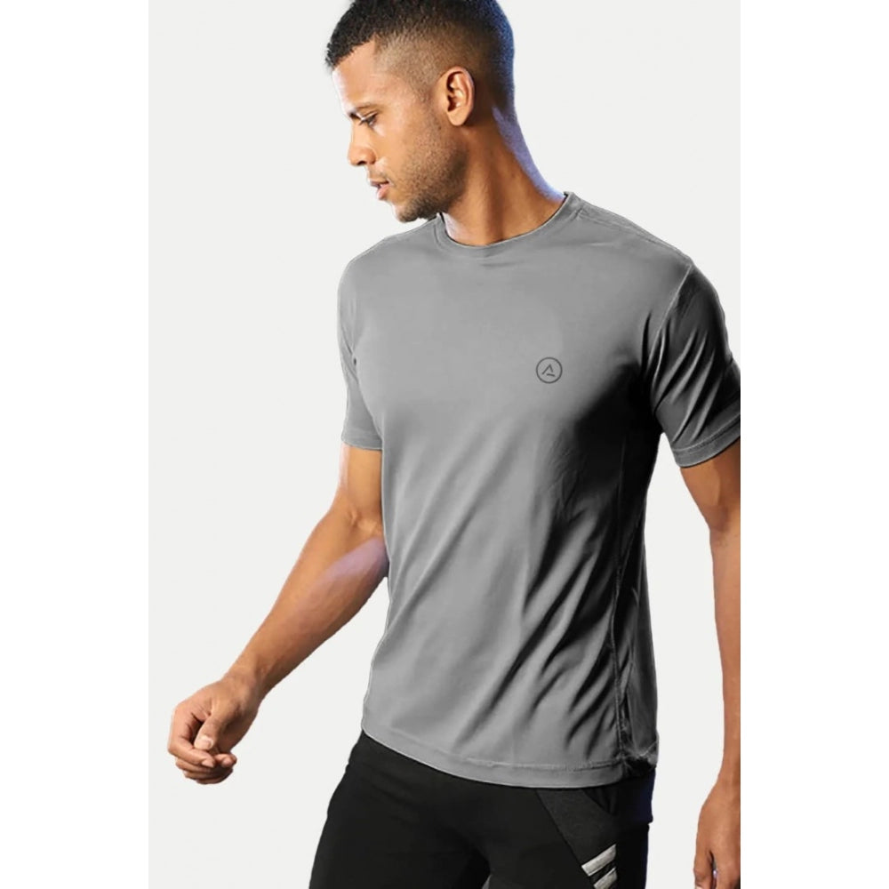Grey polyester men's casual half sleeve crew neck t-shirt with solid design