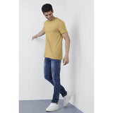 Men's casual sand polyester half sleeve crew neck solid t-shirt on mannequin, regular fit