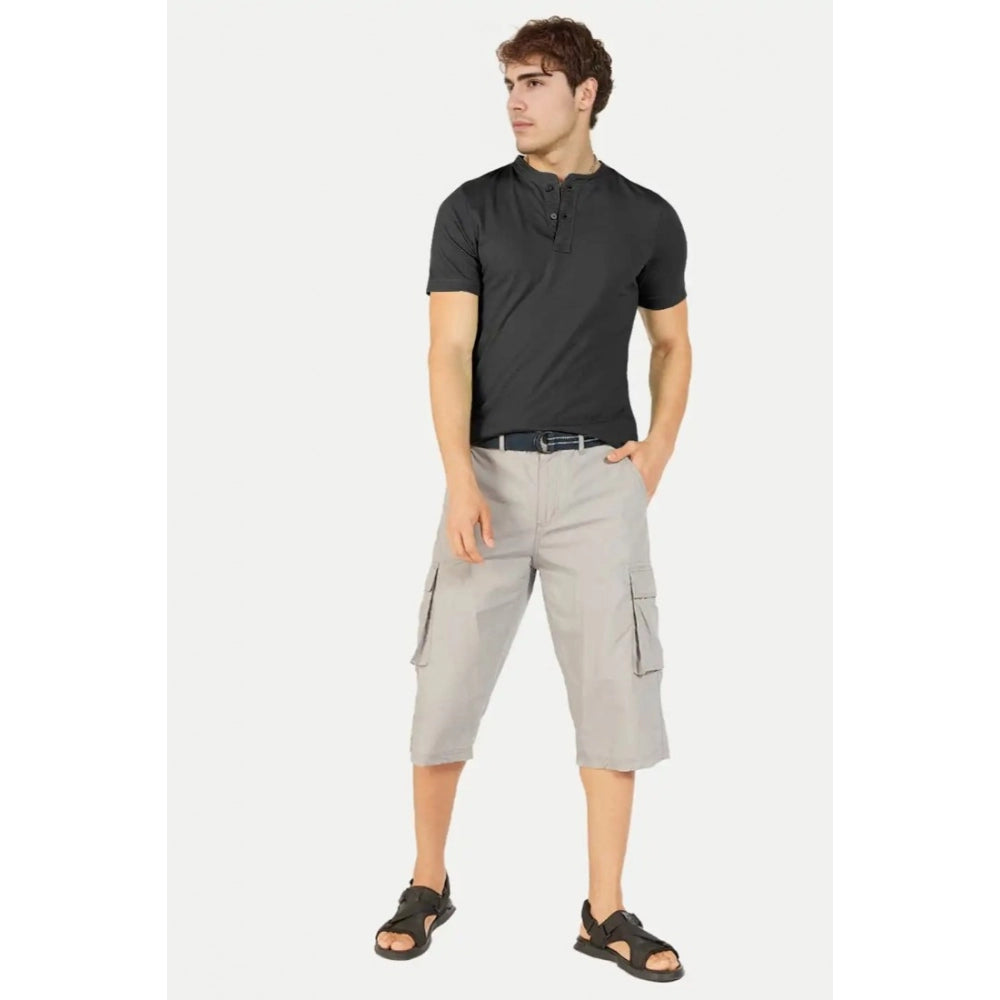 Black cotton men's casual half-sleeve solid Henley neck t-shirt