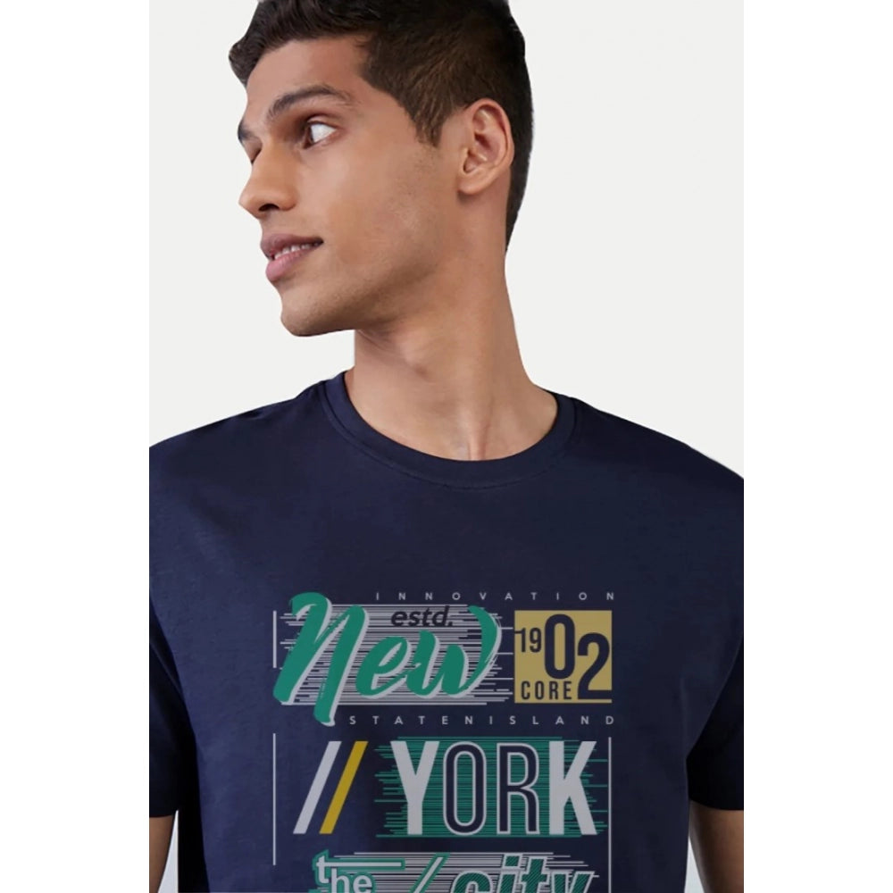 Navy half-sleeve printed typographic men's crew neck T-shirt (comfort fit) on model