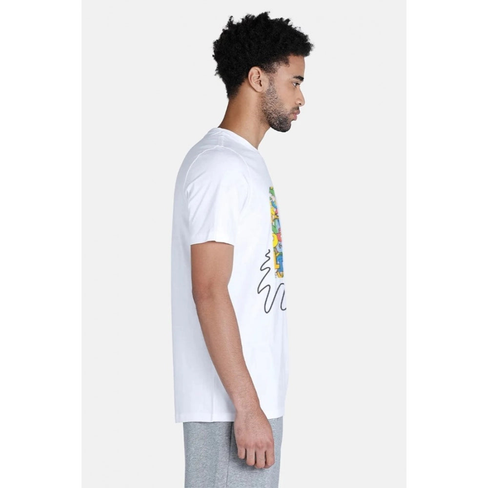 White printed polyester men's casual half sleeve crew neck T-shirt with typographic print