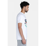 White polyester men's casual half sleeve crew neck typographic printed t-shirt with comfortable fit, close-up view