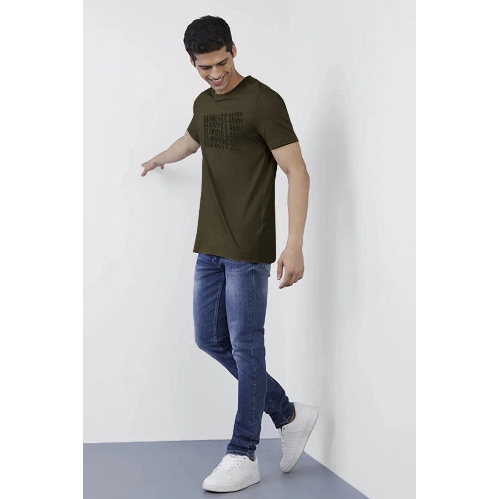 Dark Green Cotton Typographic Printed Men's Casual Half-Sleeve T-Shirt