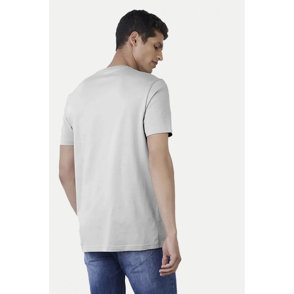 Light grey cotton half sleeve crew neck men's casual t-shirt, solid design on a clothing rack