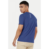 Blue solid polyester men's casual half sleeve crew neck t-shirt on hangar
