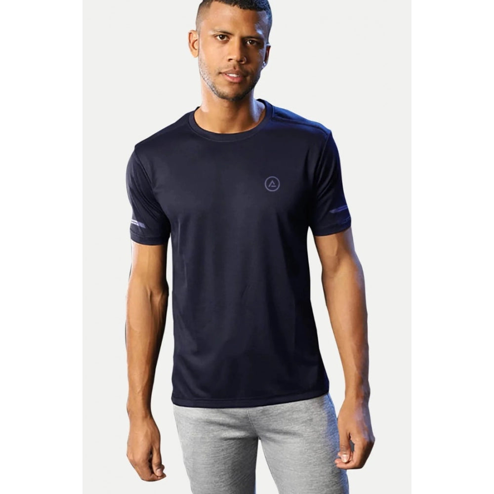 Navy polyester men's casual half sleeve solid crew neck T-shirt - ideal for everyday wear
