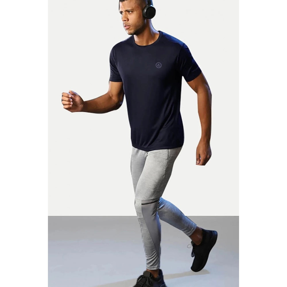 Navy solid polyester men's casual half sleeve crew neck t-shirt for everyday wear