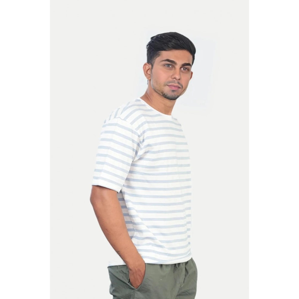 White striped cotton men's casual half-sleeve crew neck T-shirt with regular fit