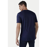 Navy typographic print polyester men's casual half sleeve crew neck T-shirt with comfortable fit, close-up view