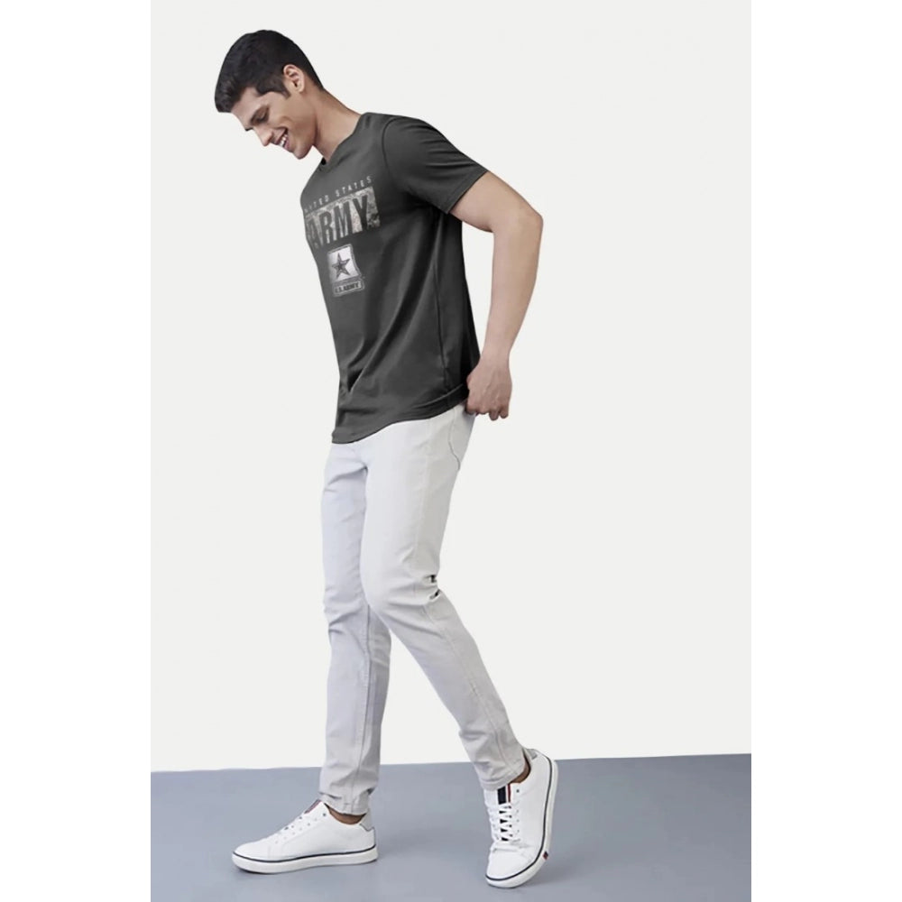 Dark Grey printed cotton half-sleeve round neck men's casual t-shirt on hanger