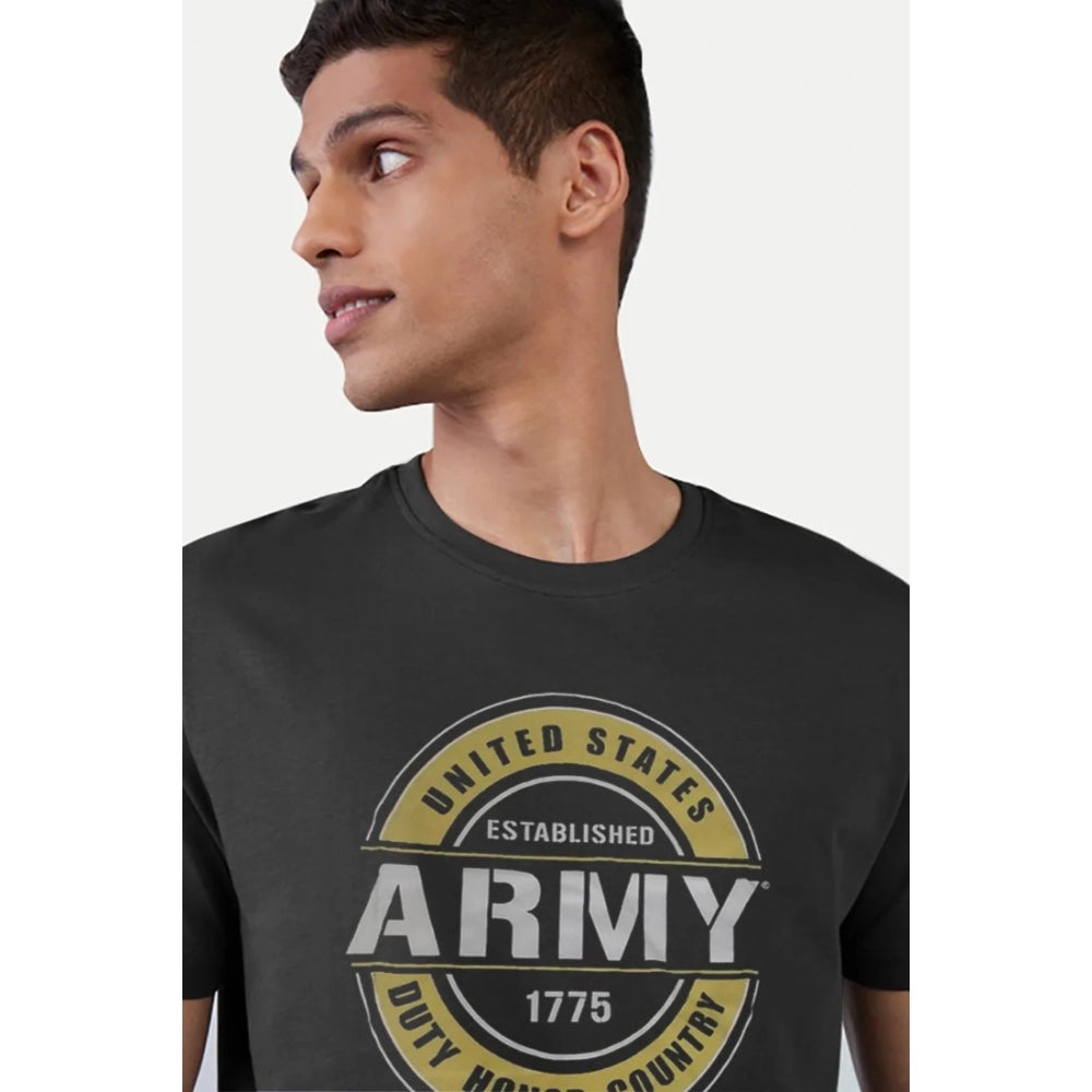 Black cotton men's casual half-sleeve printed typographic crew neck t-shirt on hanger