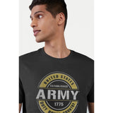 Black cotton men's casual half-sleeve printed typographic crew neck t-shirt on hanger