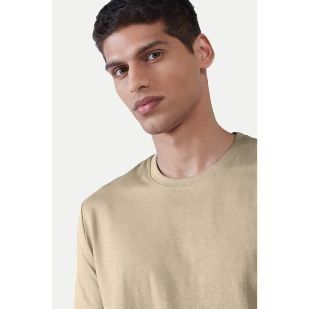 Beige polyester men's casual half sleeve crew neck T-shirt - solid design for everyday wear
