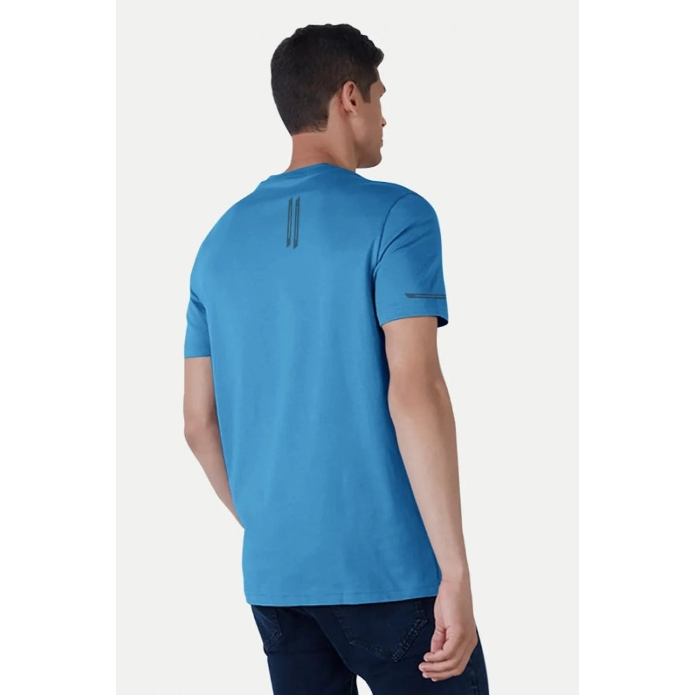 Light Blue Polyester Men's Casual Half-Sleeve Solid T-Shirt - Regular fit crew neck on hanger