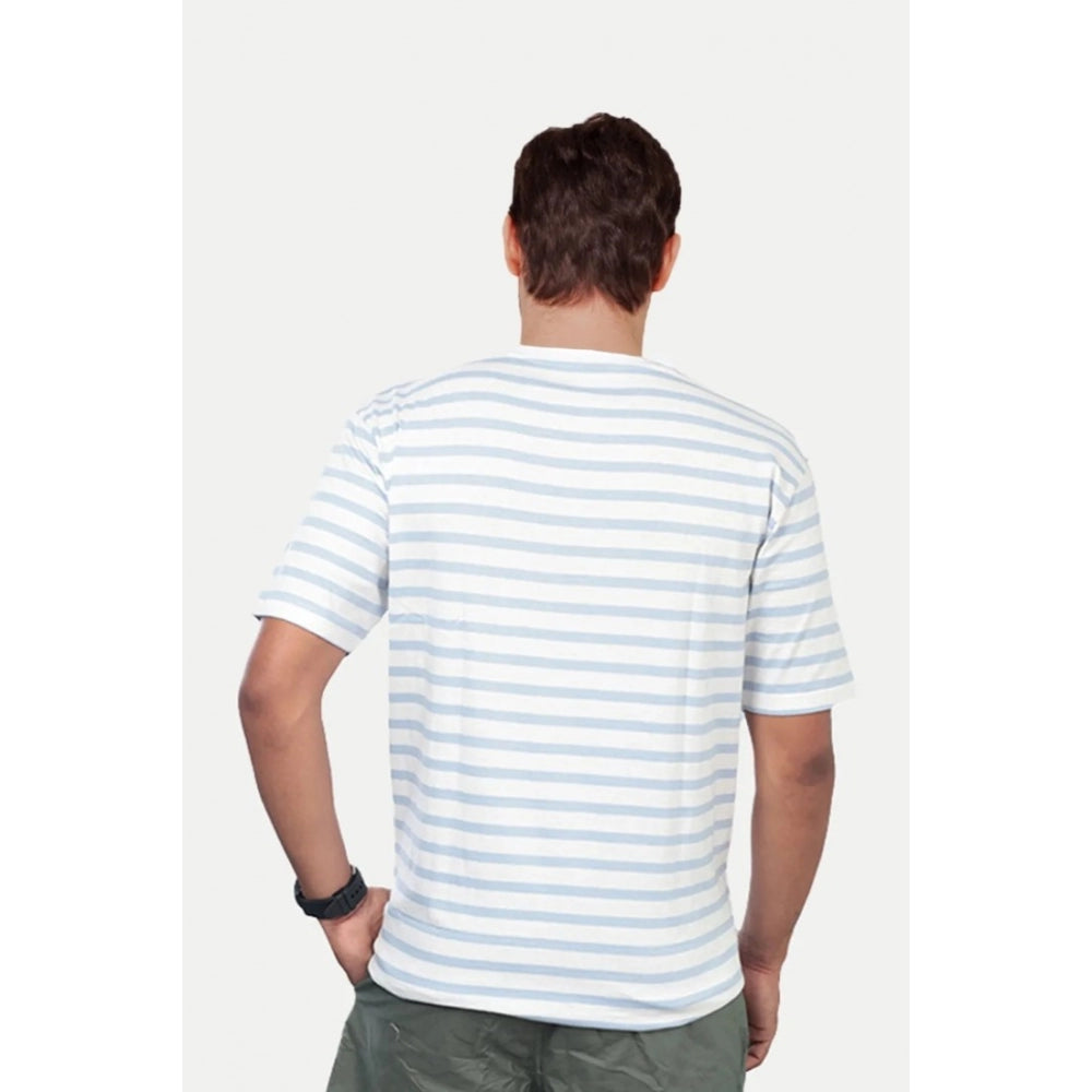White stripped cotton men's casual half sleeve crew neck t-shirt, regular fit - worn on model