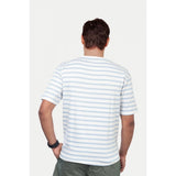 White stripped cotton men's casual half sleeve crew neck t-shirt, regular fit - worn on model