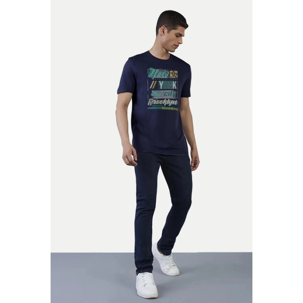 Navy typographic print crew neck men's casual half sleeve t-shirt, comfortable fit for casual wear