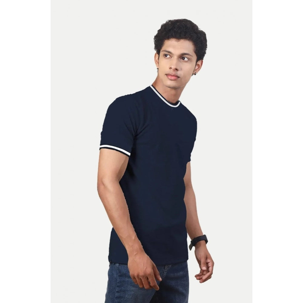 Navy polyester men's casual half sleeve solid crew neck t-shirt - comfortable fit for everyday wear