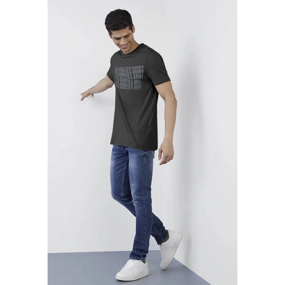 Dark grey printed cotton half sleeve t-shirt for men, casual round neck style, regular fit