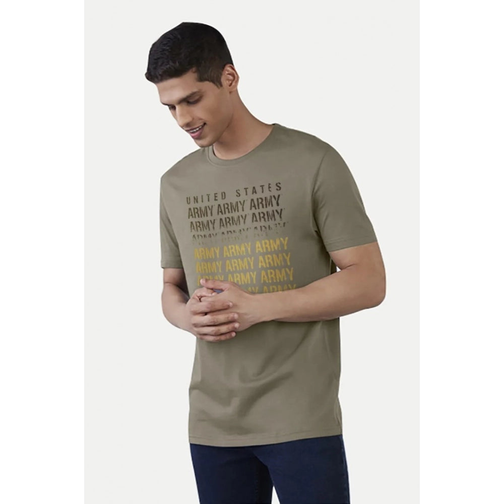 Olive printed cotton half sleeve crew neck t-shirt for men - casual typographic design