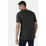 Black cotton casual half sleeve typographic printed crew neck men's t-shirt with relaxed fit, displayed on hanger