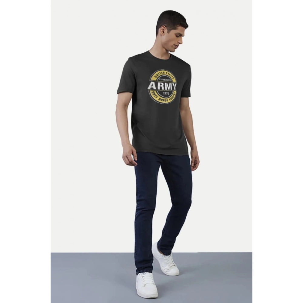Black cotton casual half sleeve typographic printed crew neck t-shirt for men, relaxed fit on mannequin