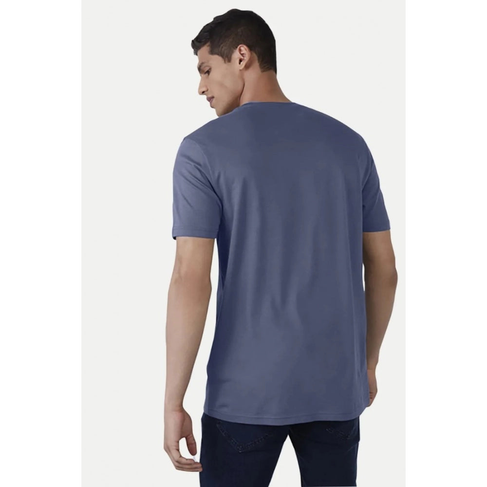 Blue cotton casual half-sleeve printed crew neck T-shirt for men with comfortable fit, featuring vibrant design on chest area