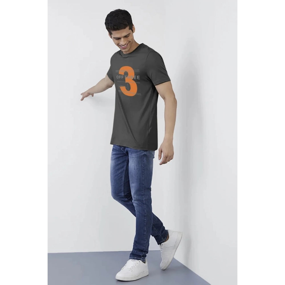 Black cotton men's casual half sleeve printed crew neck T-shirt with comfortable fit, featuring eye-catching design on sleeves and front chest