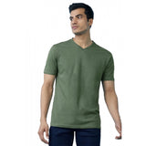 Green cotton men's casual half sleeve V-neck T-shirt, solid style for everyday wear