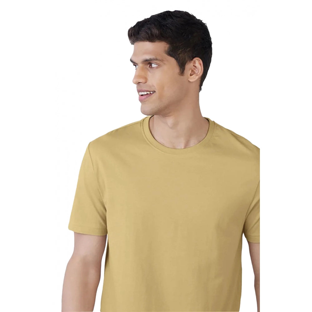 Men's sand polyester half sleeve solid crew neck t-shirt for casual wear - regular fit