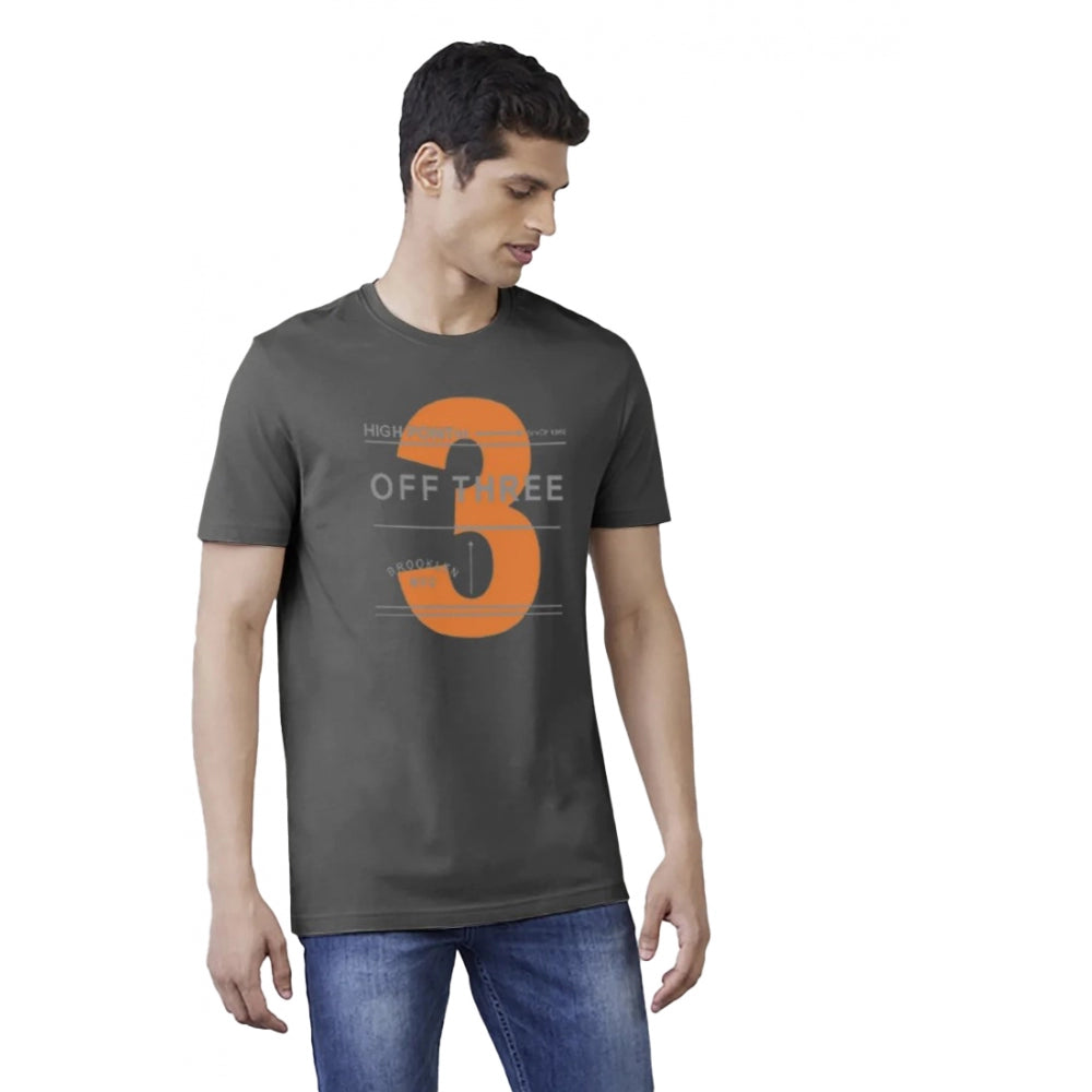 Black cotton men's casual half-sleeve printed crew neck T-shirt with vibrant design, comfortable fit