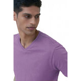 Lilac cotton half-sleeve V-neck T-shirt for men - solid design, regular fit