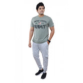 Grey cotton men's casual half sleeve printed typographic crew neck t-shirt, relaxed fit on model