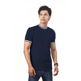 Navy polyester men's casual half sleeve crew neck solid t-shirt - comfortable fit, on model