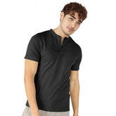 Black cotton men's casual half sleeve Henley neck T-shirt - solid design, regular fit