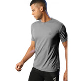 Grey polyester men's casual half sleeve solid crew neck T-shirt on model