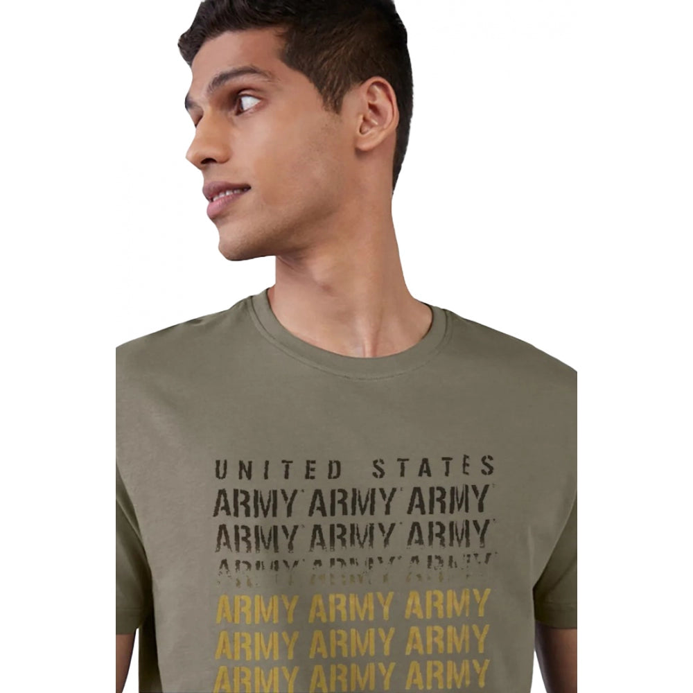 Olive cotton half sleeve printed men's casual crew neck t-shirt with typographic design, relaxed fit on a hanger