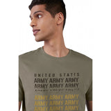 Olive cotton half sleeve printed men's casual crew neck t-shirt with typographic design, relaxed fit on a hanger