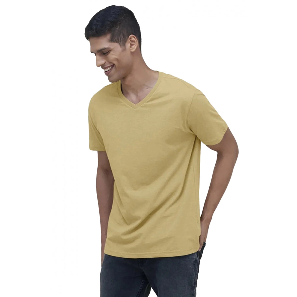 Sand cotton men's casual half sleeve solid V-neck T-shirt - regular fit for men
