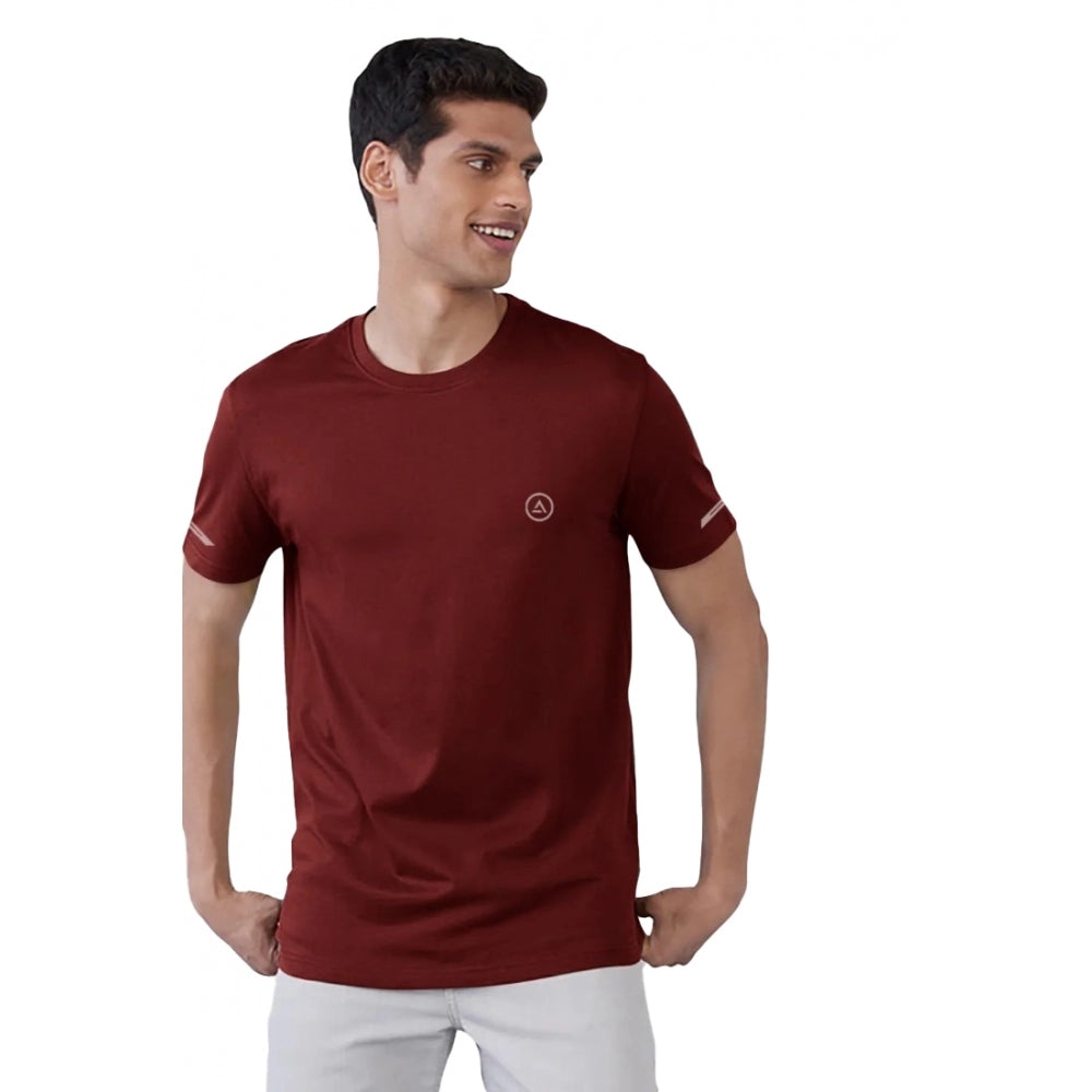 Maroon solid polyester men's casual half-sleeve crew neck T-shirt with regular fit