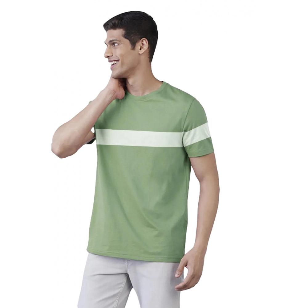 Light Green Cotton Striped Men's Casual Half-Sleeve T-Shirt on hanger