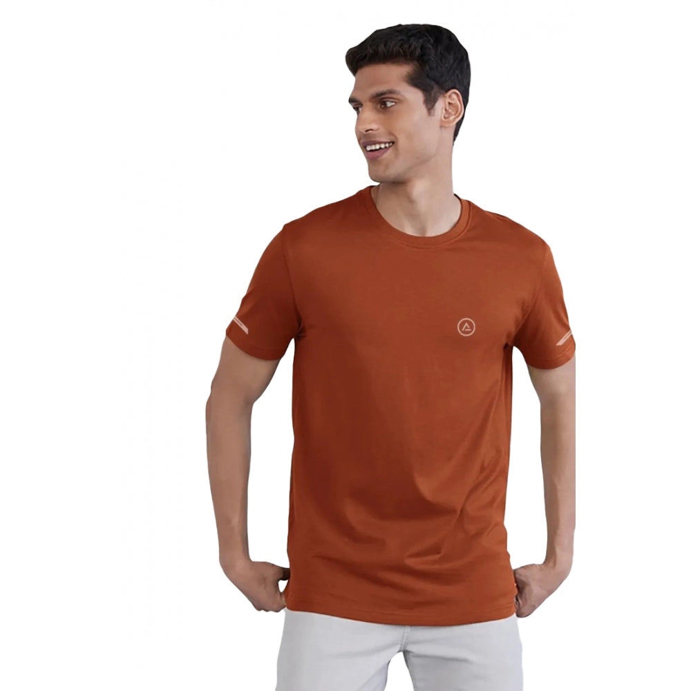 Rust polyester men's casual half sleeve crew neck t-shirt, solid design for everyday wear