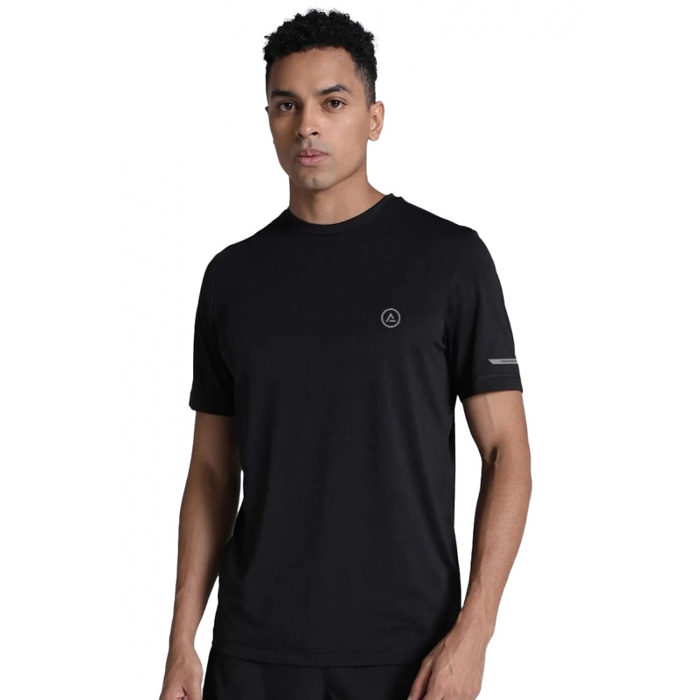 Black polyester men's casual half sleeve crew neck solid t-shirt for everyday wear