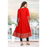 Red Viscose Rayon Foil Printed Kurti for Women's Casual Knee-Length Round Neck 3/4 Sleeve Fashion