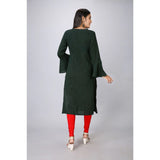 Dark green viscose rayon printed knee-length kurti for casual wear, round neck and full sleeves