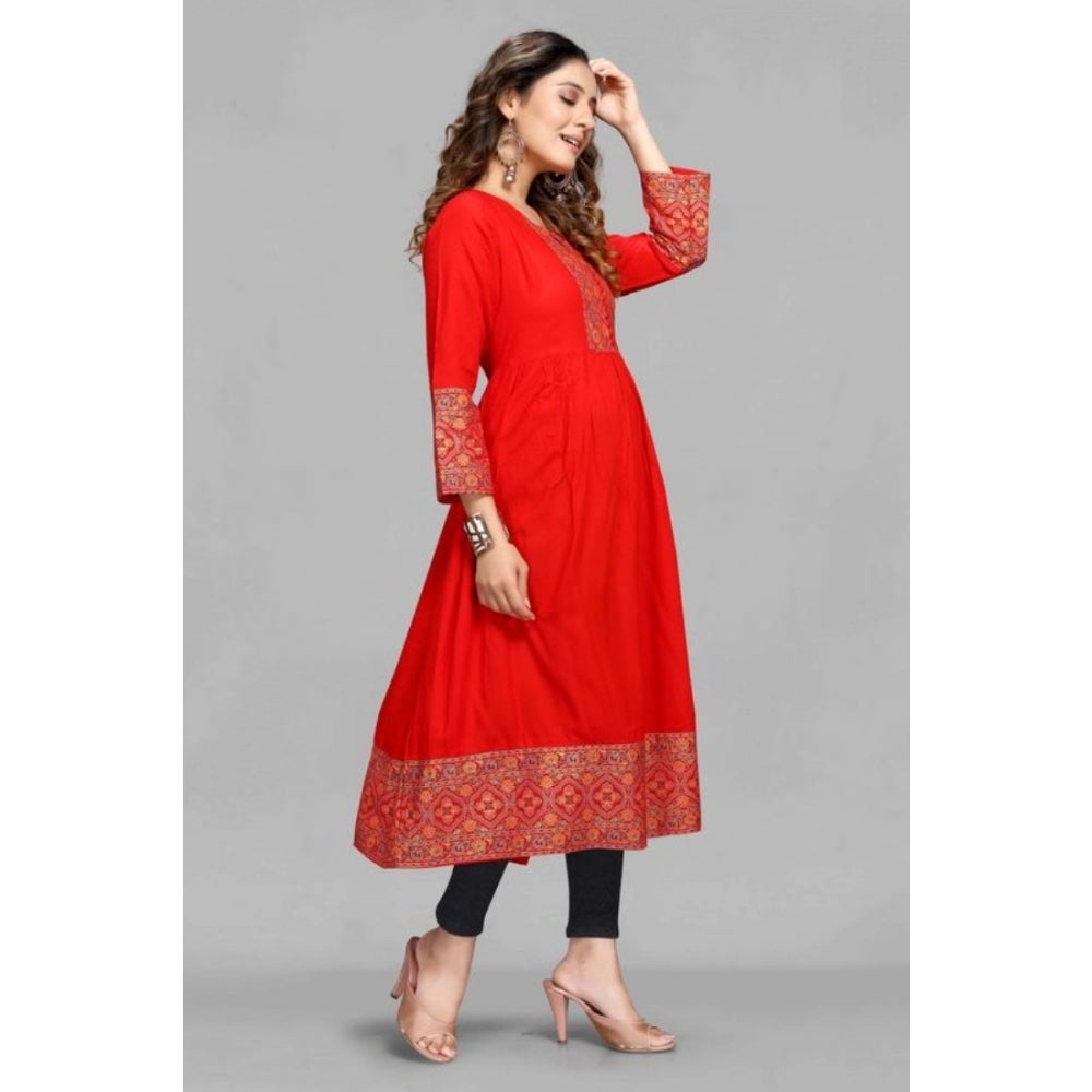 Viscose rayon foil printed red knee-length kurti for casual wear, round neck, 3/4 sleeve