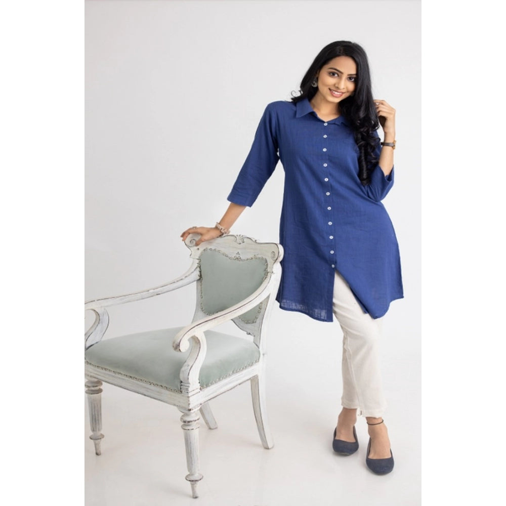 Light Blue Viscose Rayon Casual 3/4 Sleeve Kurti on hanger for women's everyday wear